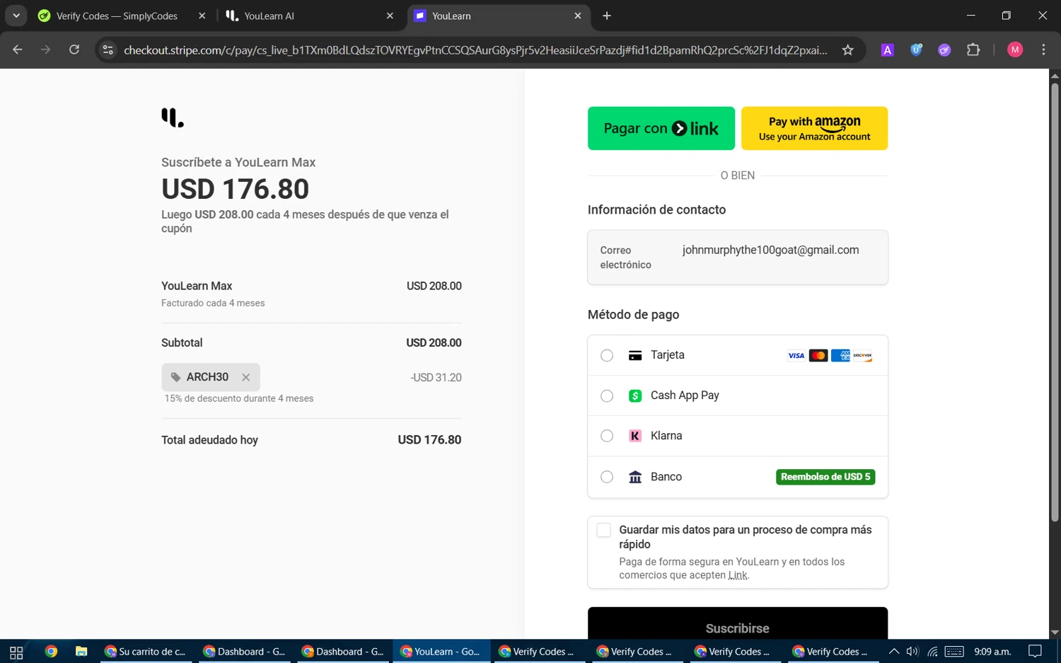 YouLearn checkout page showing YouLearn promo code box | Screenshot taken by SimplyCodes community member on Jan 23, 2026