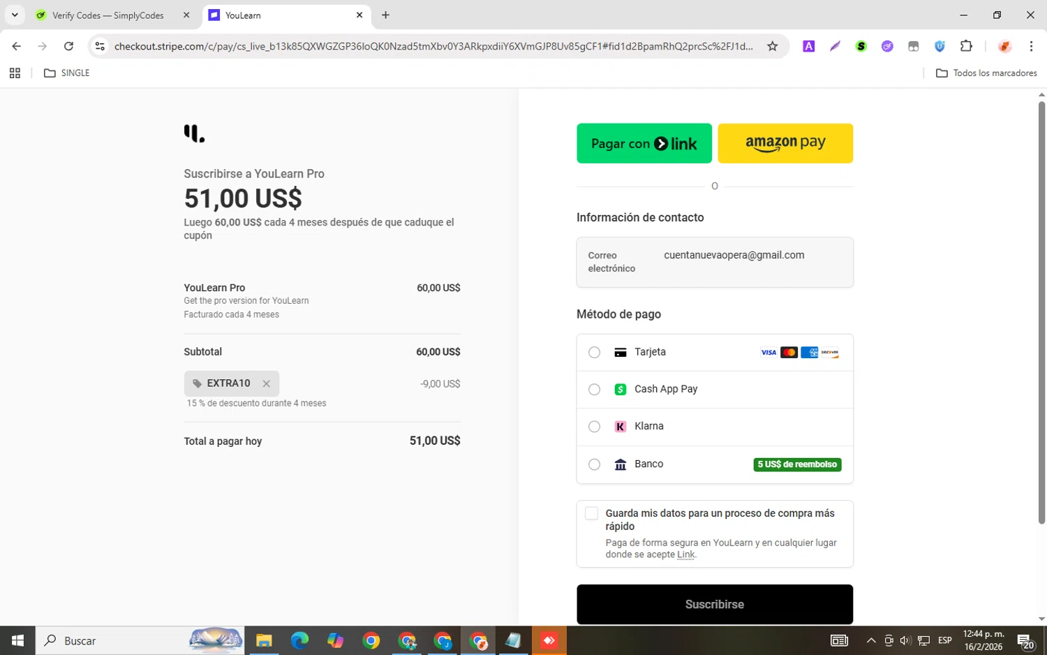 YouLearn checkout page showing YouLearn promo code box | Screenshot taken by SimplyCodes community member on Feb 16, 2026