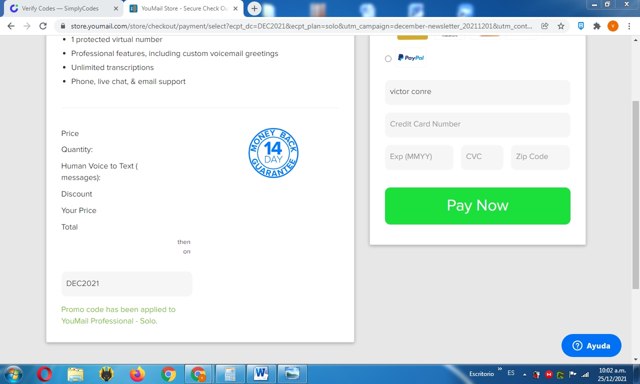 Youmail checkout page showing Youmail coupon code box | Screenshot taken by SimplyCodes community member on Dec 25, 2021