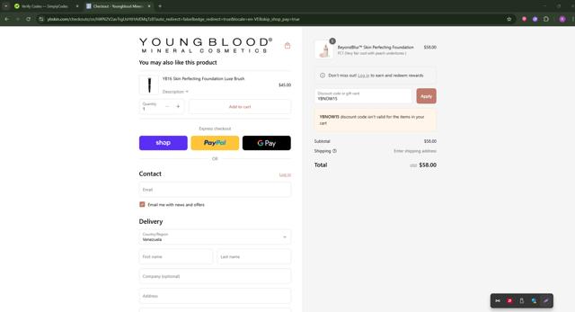 Youngblood Mineral Cosmetics checkout page showing Youngblood Mineral Cosmetics promo code box | Screenshot taken by SimplyCodes community member on Sep 2, 2025