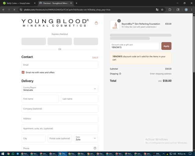 Youngblood Mineral Cosmetics checkout page showing Youngblood Mineral Cosmetics promo code box | Screenshot taken by SimplyCodes community member on Aug 29, 2025