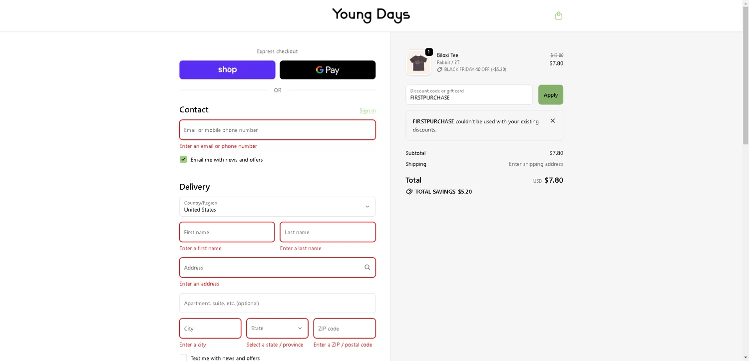Young Days Clothing promo code screenshot showing code FIRSTPURCHASE applied at Young Days Clothing checkout page. Uploaded by SimplyCodes community member ExtraordinaryMaven3628 on Nov 30, 2025