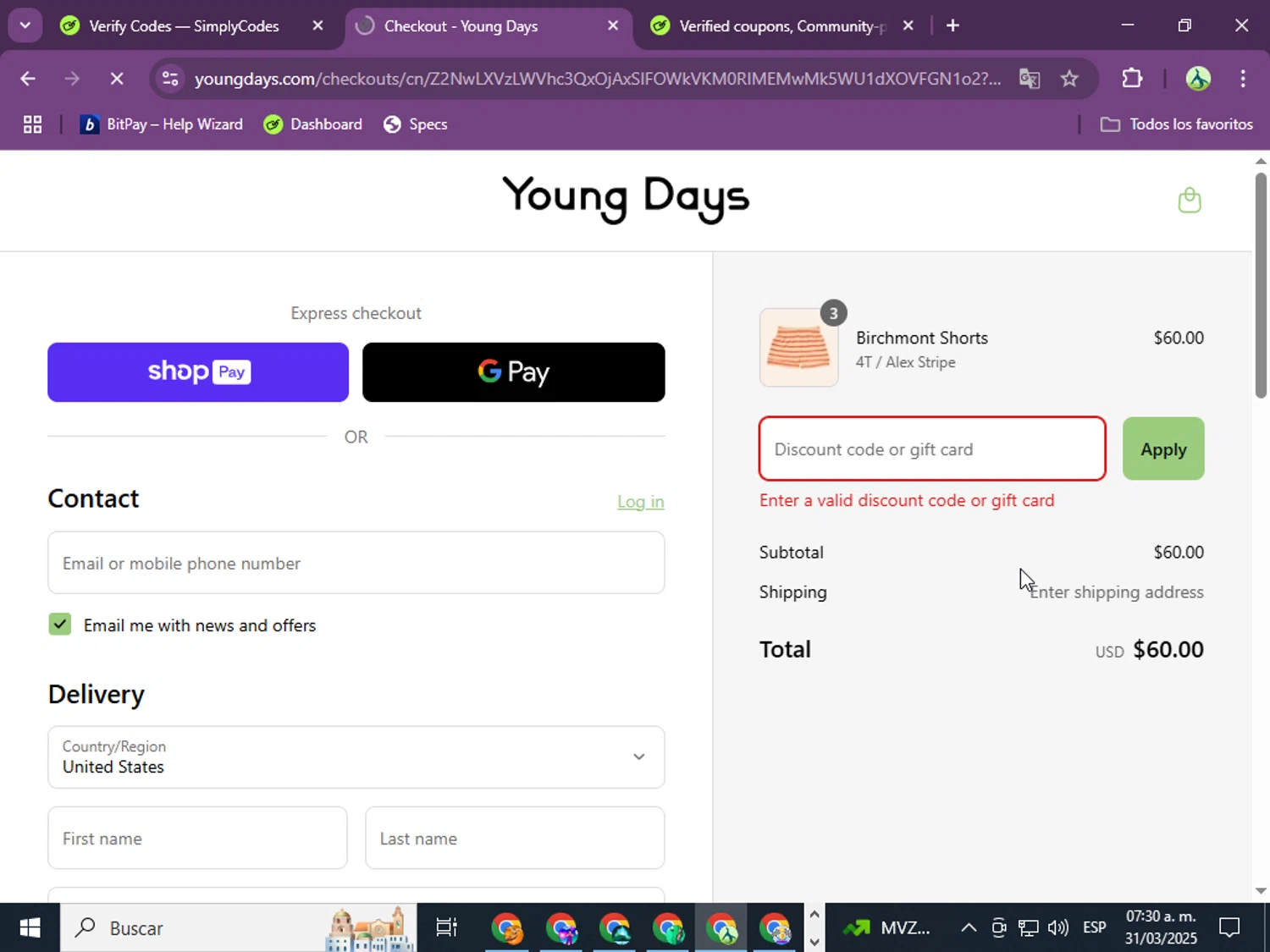 Young Days Clothing promo code screenshot showing code CARMENNIOANA applied at Young Days Clothing checkout page. Uploaded by SimplyCodes community member jungrimar on Mar 31, 2025