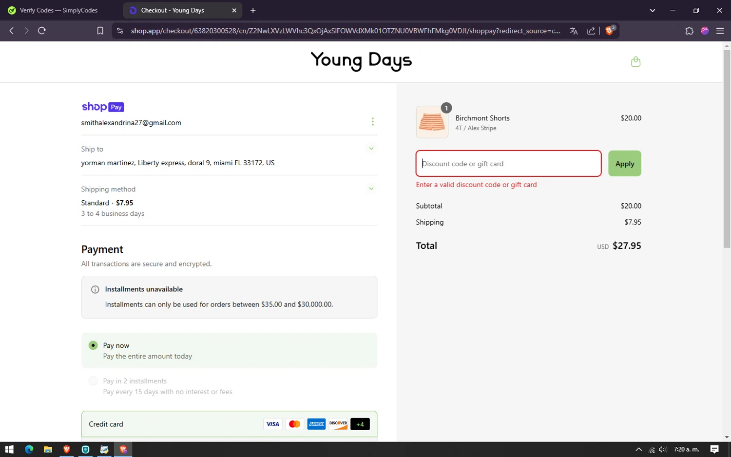 Young Days Clothing promo code screenshot showing code CARMENNIOANA applied at Young Days Clothing checkout page. Uploaded by SimplyCodes community member lareinadecupones on Mar 31, 2025