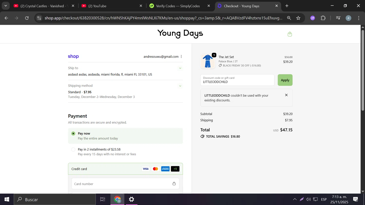 Young Days Clothing promo code screenshot showing code LITTLEODDCHILD applied at Young Days Clothing checkout page. Uploaded by SimplyCodes community member Frizk_1 on Nov 25, 2025