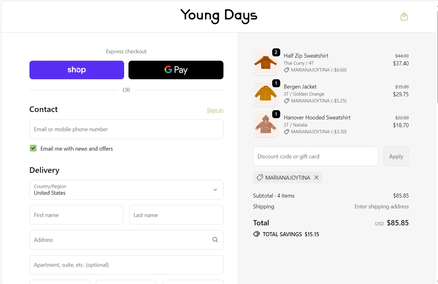 Young Days Clothing promo code screenshot showing code MARIANAJOYTINA applied at Young Days Clothing checkout page. Uploaded by SimplyCodes community member holasfosi on Oct 19, 2025
