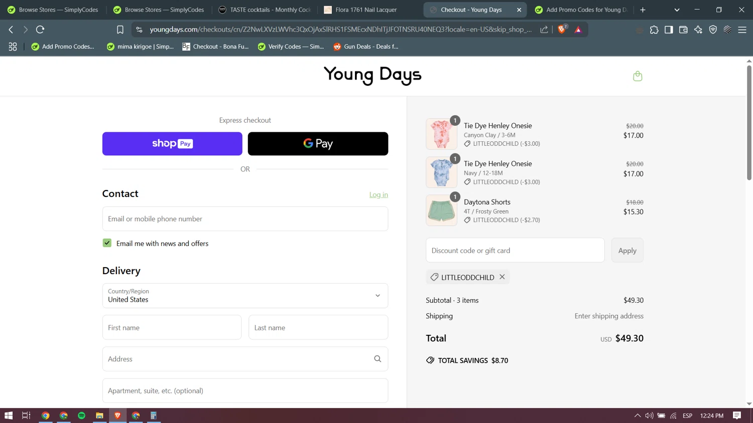 Young Days Clothing promo code screenshot showing code LITTLEODDCHILD applied at Young Days Clothing checkout page. Uploaded by SimplyCodes community member becomeaware on May 5, 2025