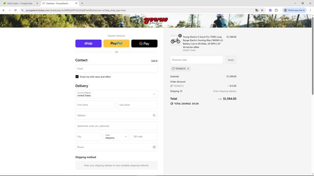 Young Electric checkout page showing Young Electric discount code box | Screenshot taken by SimplyCodes community member on Sep 8, 2025