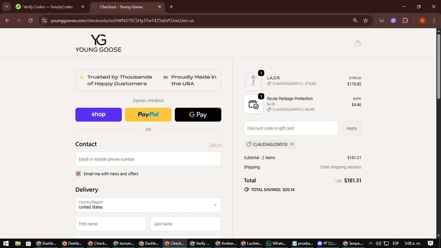 Young Goose discount code screenshot showing code CLAUDIAGLOWS10 applied at Young Goose checkout page. Uploaded by SimplyCodes community member CleverSpotter3730 on Sep 18, 2025