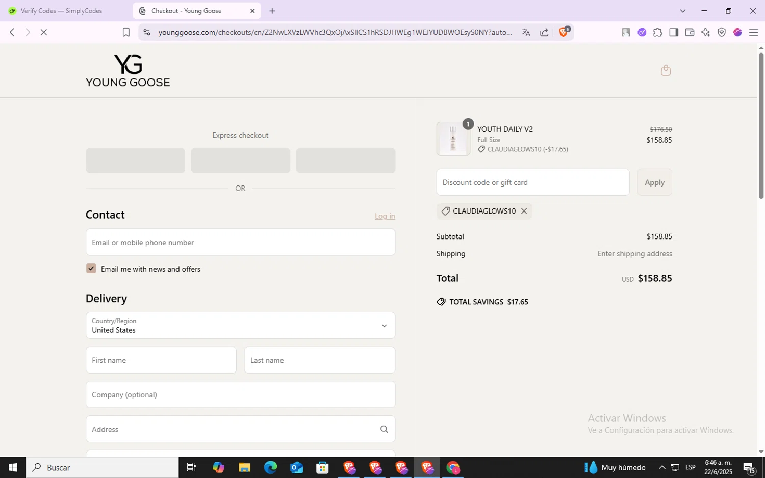 Young Goose discount code screenshot showing code CLAUDIAGLOWS10 applied at Young Goose checkout page. Uploaded by SimplyCodes community member VoucherSpotter6910 on Jun 22, 2025