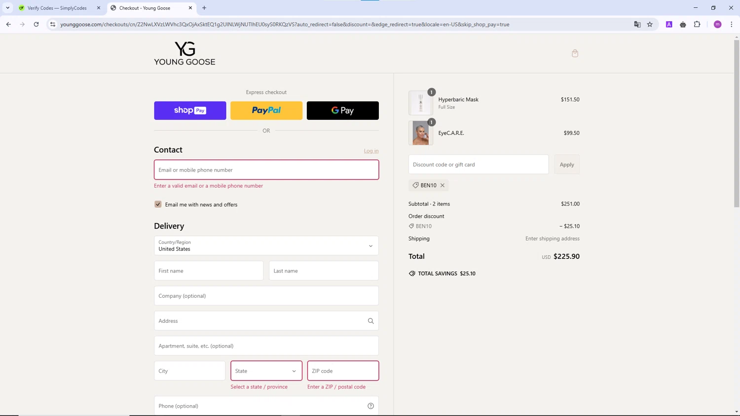 Young Goose discount code screenshot showing code BEN10 applied at Young Goose checkout page. Uploaded by SimplyCodes community member TokenChaser4876 on Feb 6, 2025