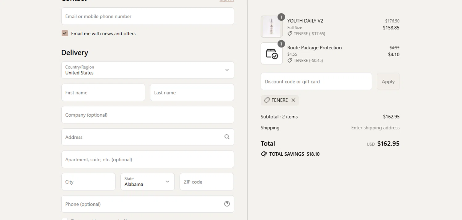 Young Goose discount code screenshot showing code TENERE applied at Young Goose checkout page. Uploaded by SimplyCodes community member juanisaac on Sep 11, 2025