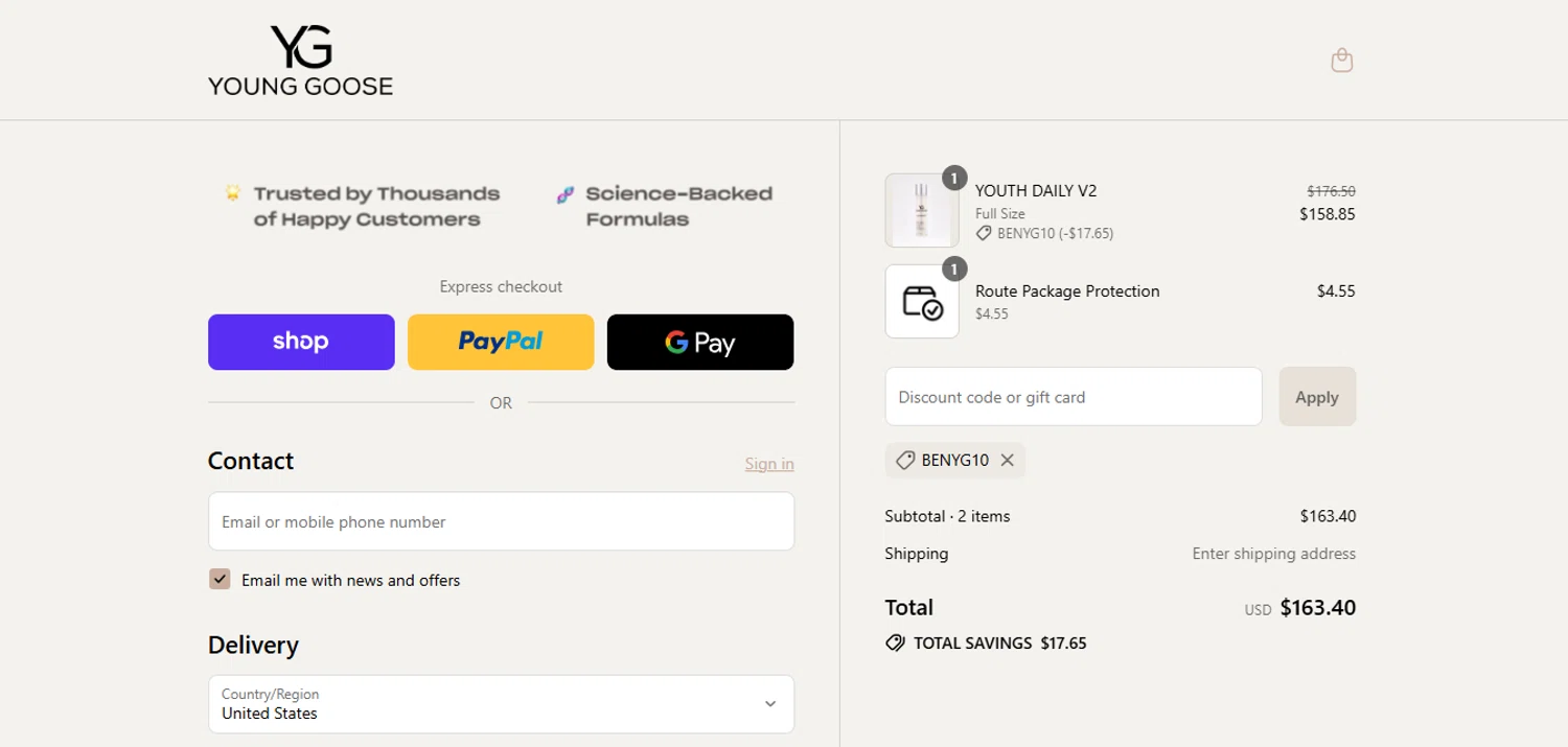 Young Goose discount code screenshot showing code BENYG10 applied at Young Goose checkout page. Uploaded by SimplyCodes community member juanisaac on Sep 11, 2025