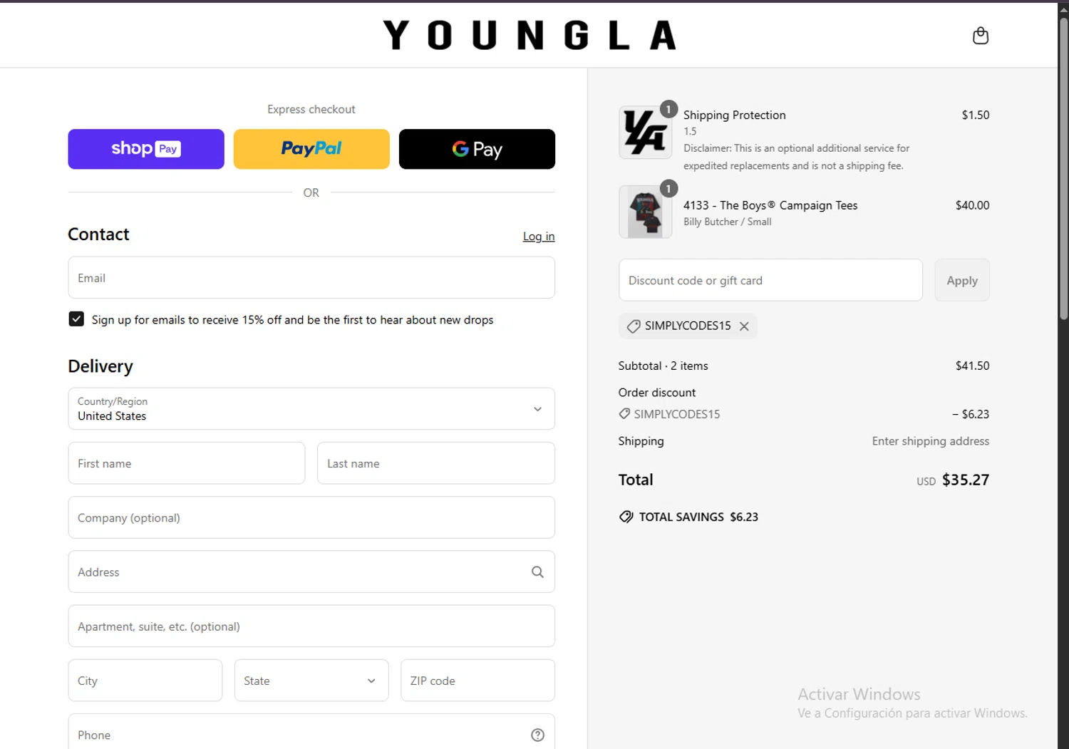 YoungLA discount code screenshot showing code SIMPLYCODES15 applied at YoungLA checkout page. Uploaded by SimplyCodes community member ScanWarden1089 on Apr 18, 2025