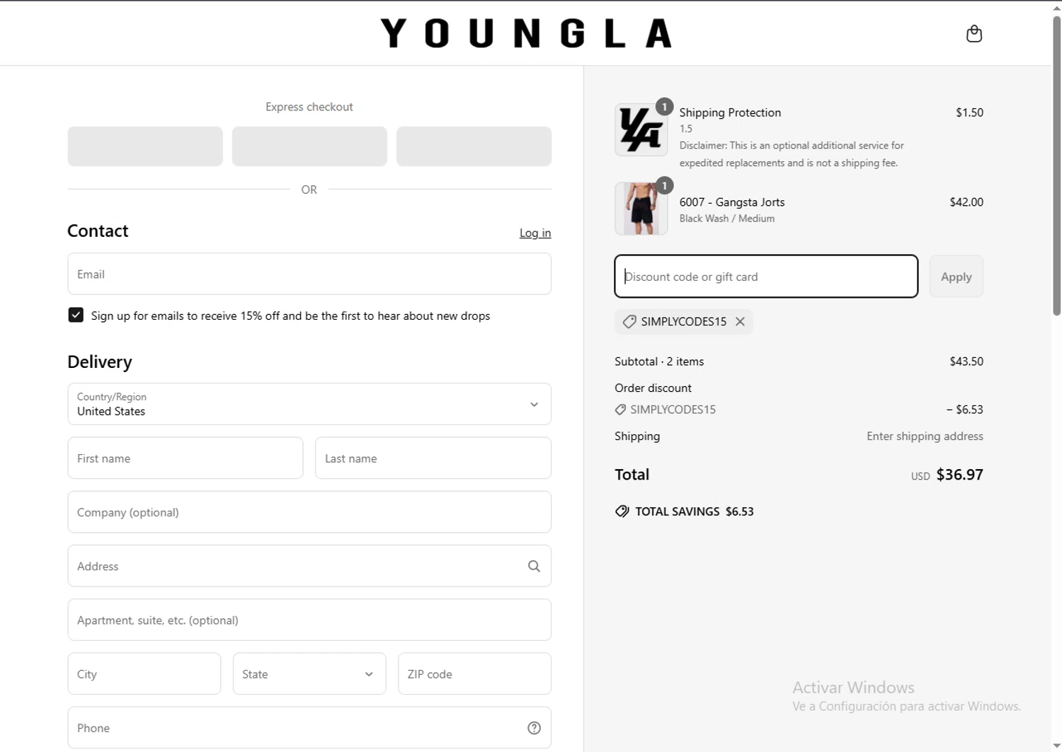 YoungLA discount code screenshot showing code SIMPLYCODES15 applied at YoungLA checkout page. Uploaded by SimplyCodes community member ValiantSleuth7563 on Apr 8, 2025
