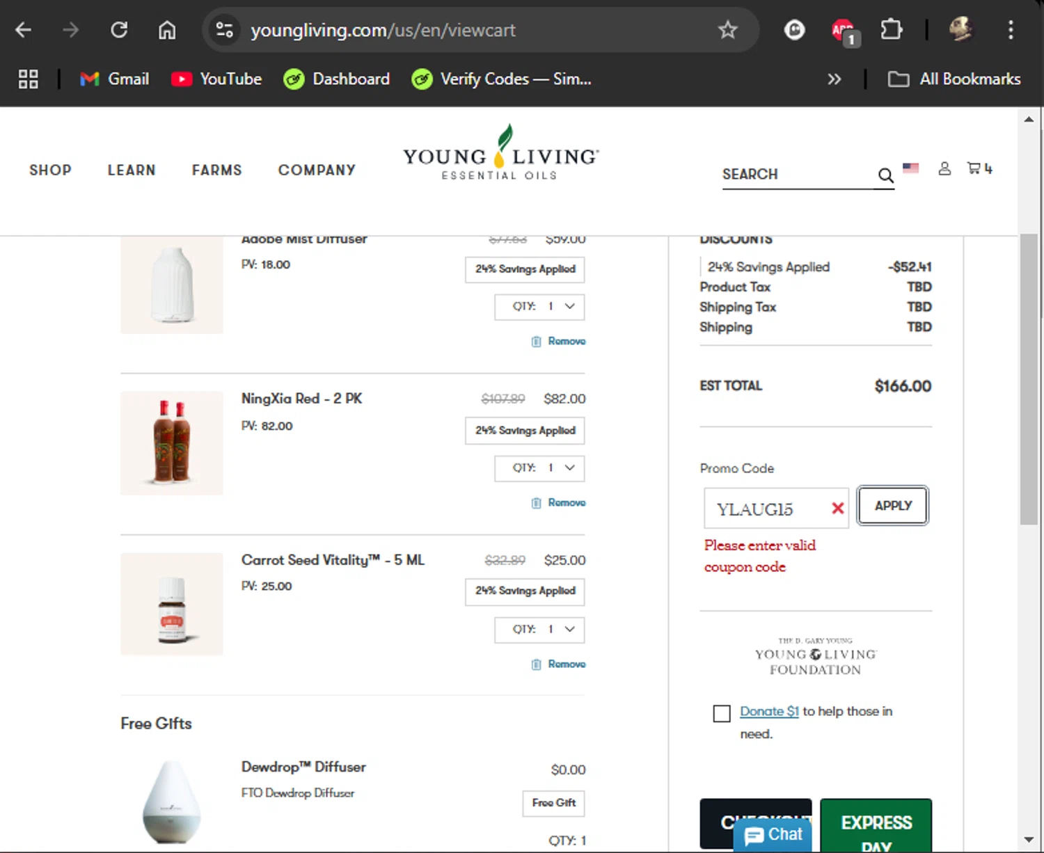 Young Living promo code screenshot showing code YLAUG15 applied at Young Living checkout page. Uploaded by SimplyCodes community member LiShang on Jan 12, 2025