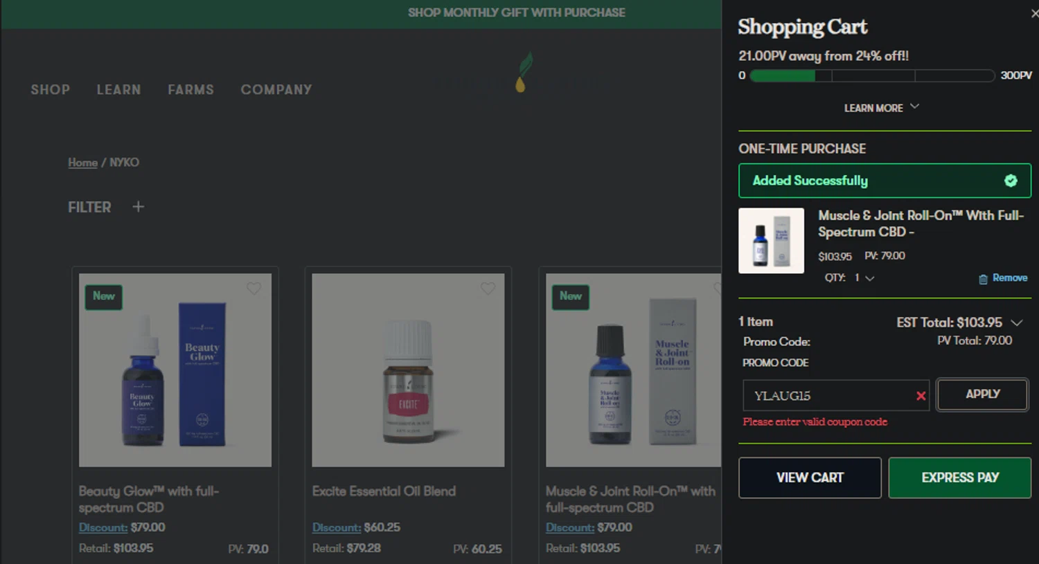 Young Living promo code screenshot showing code YLAUG15 applied at Young Living checkout page. Uploaded by SimplyCodes community member idkxxx on Jan 12, 2025