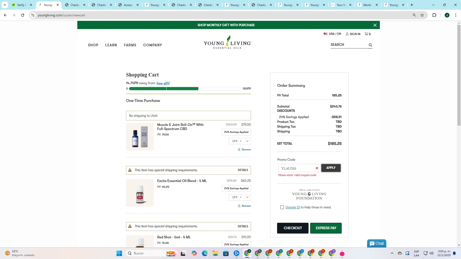 Young Living promo code screenshot showing code YLAUG15 applied at Young Living checkout page. Uploaded by SimplyCodes community member darlisiglesias on Jan 12, 2025