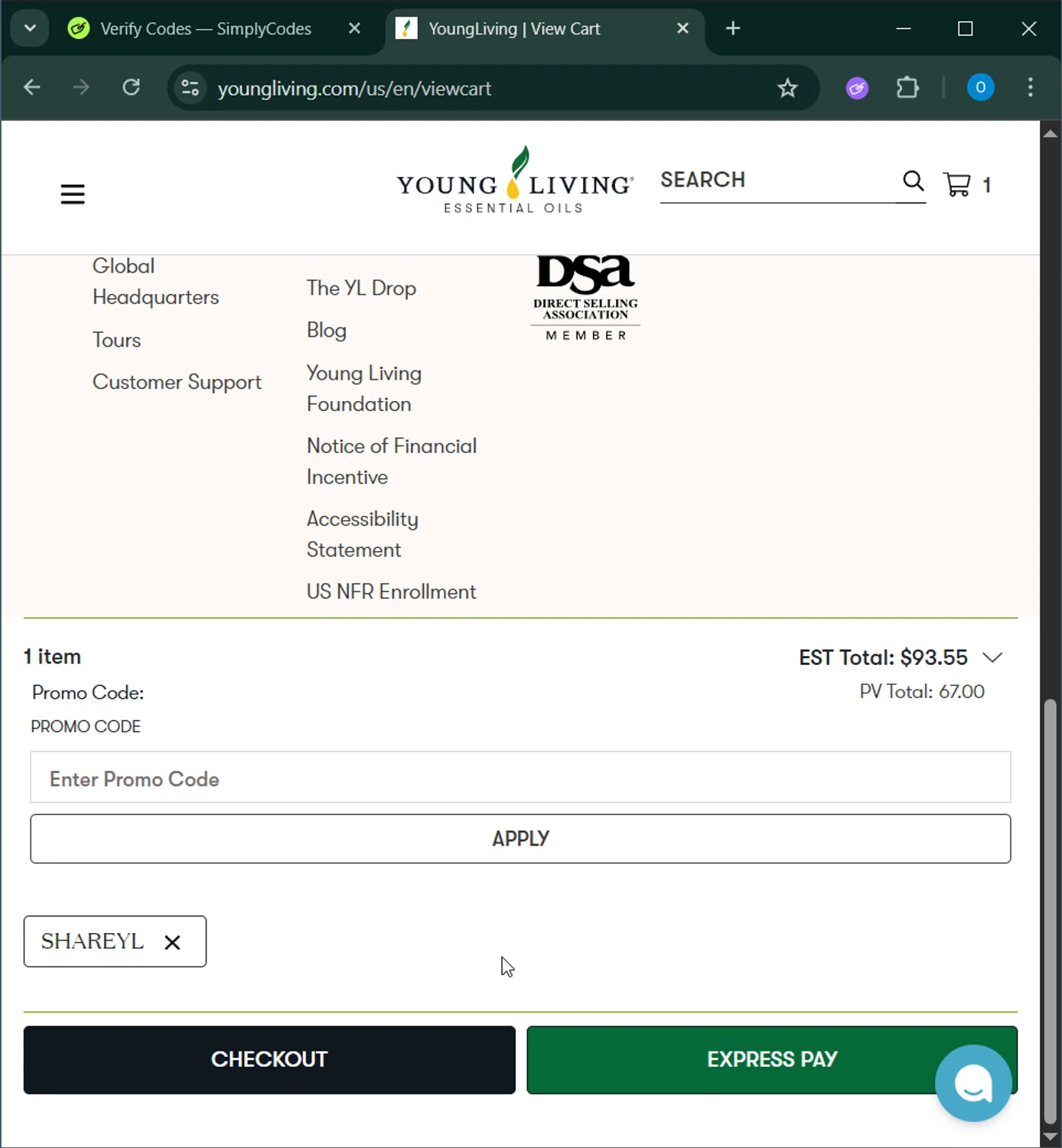 Young Living promo code screenshot showing code SHAREYL applied at Young Living checkout page. Uploaded by SimplyCodes community member _____________ on Dec 8, 2025