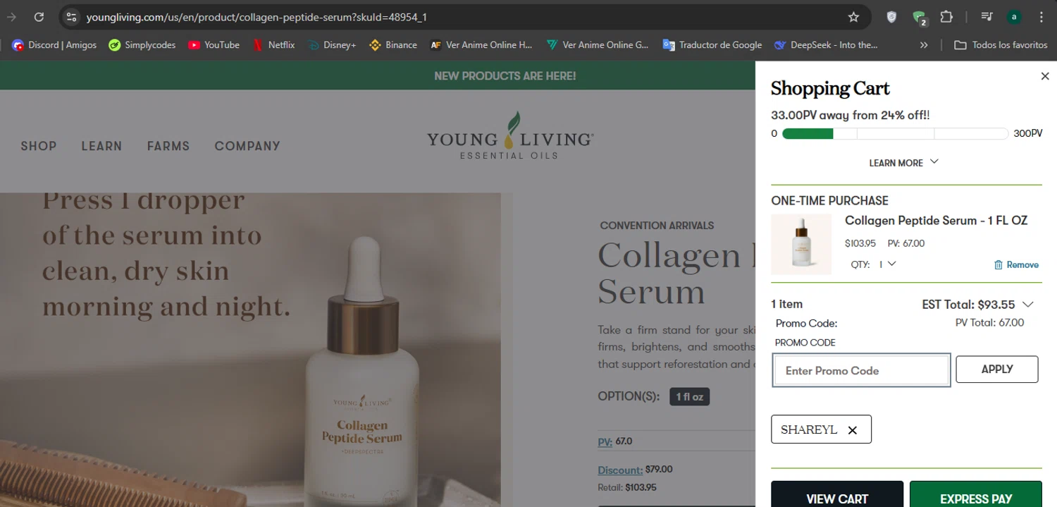 Young Living checkout page showing Young Living promo code box | Screenshot taken by SimplyCodes community member on Jan 9, 2026
