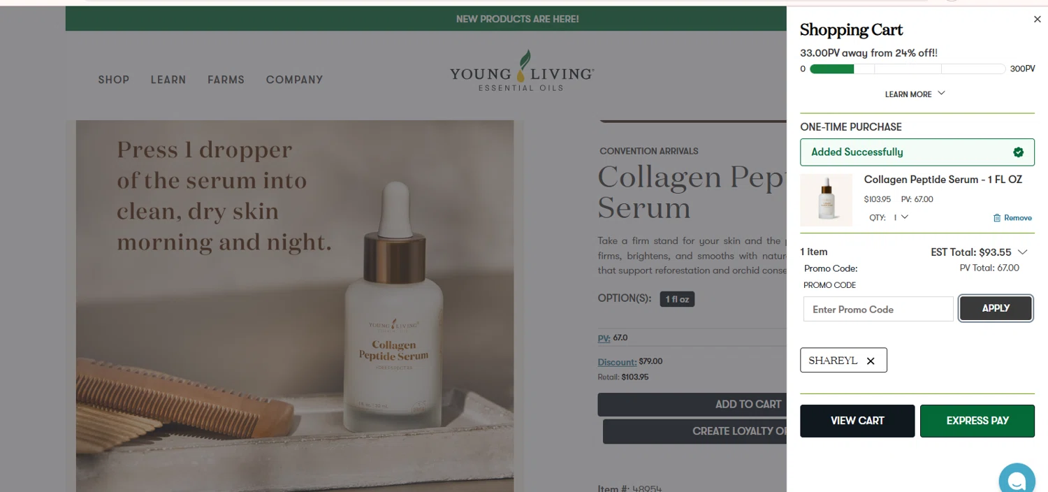 Young Living promo code screenshot showing code SHAREYL applied at Young Living checkout page. Uploaded by SimplyCodes community member SaleScout7223 on Nov 25, 2025