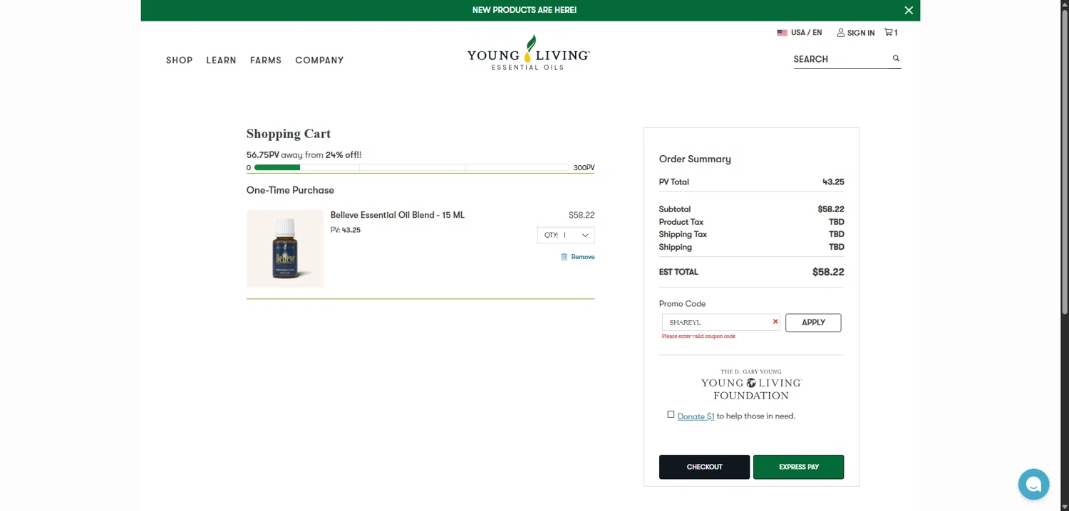 Young Living promo code screenshot showing code SHAREYL applied at Young Living checkout page. Uploaded by SimplyCodes community member SavvyCollector7681 on Jan 19, 2026