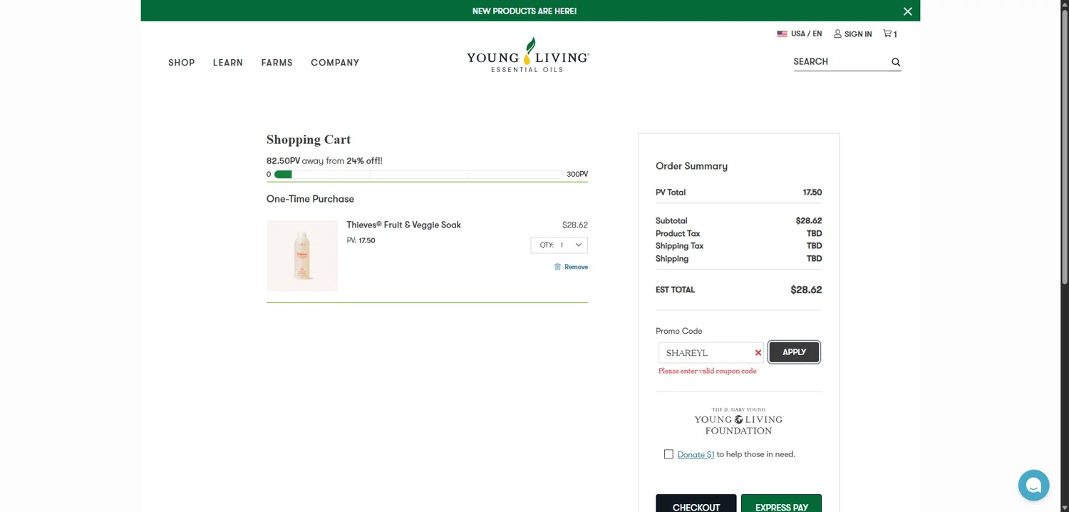 Young Living promo code screenshot showing code SHAREYL applied at Young Living checkout page. Uploaded by SimplyCodes community member TokenNavigator3088 on Jan 15, 2026