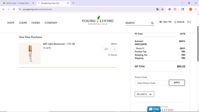 Young Living checkout page showing Young Living promo code box | Screenshot taken by SimplyCodes community member on Sep 6, 2025