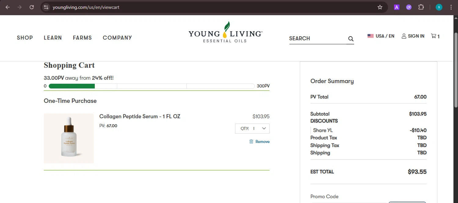 Young Living promo code screenshot showing code SHAREYL applied at Young Living checkout page. Uploaded by SimplyCodes community member ValiantChaser7723 on Nov 28, 2025