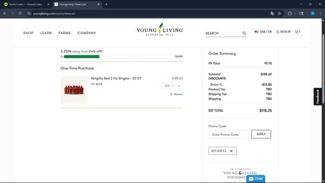 Young Living checkout page showing Young Living promo code box | Screenshot taken by SimplyCodes community member on Jul 11, 2025