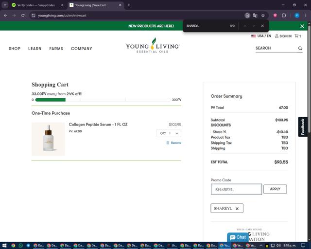 Young Living checkout page showing Young Living promo code box | Screenshot taken by SimplyCodes community member on Sep 10, 2025
