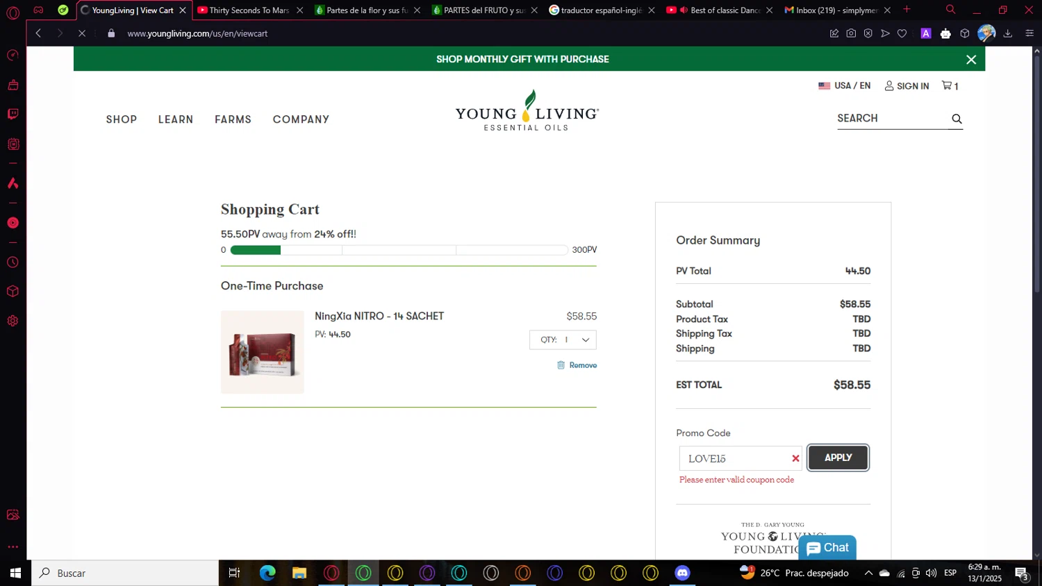 Young Living promo code screenshot showing code LOVE15 applied at Young Living checkout page. Uploaded by SimplyCodes community member Roronoazoro on Jan 13, 2025