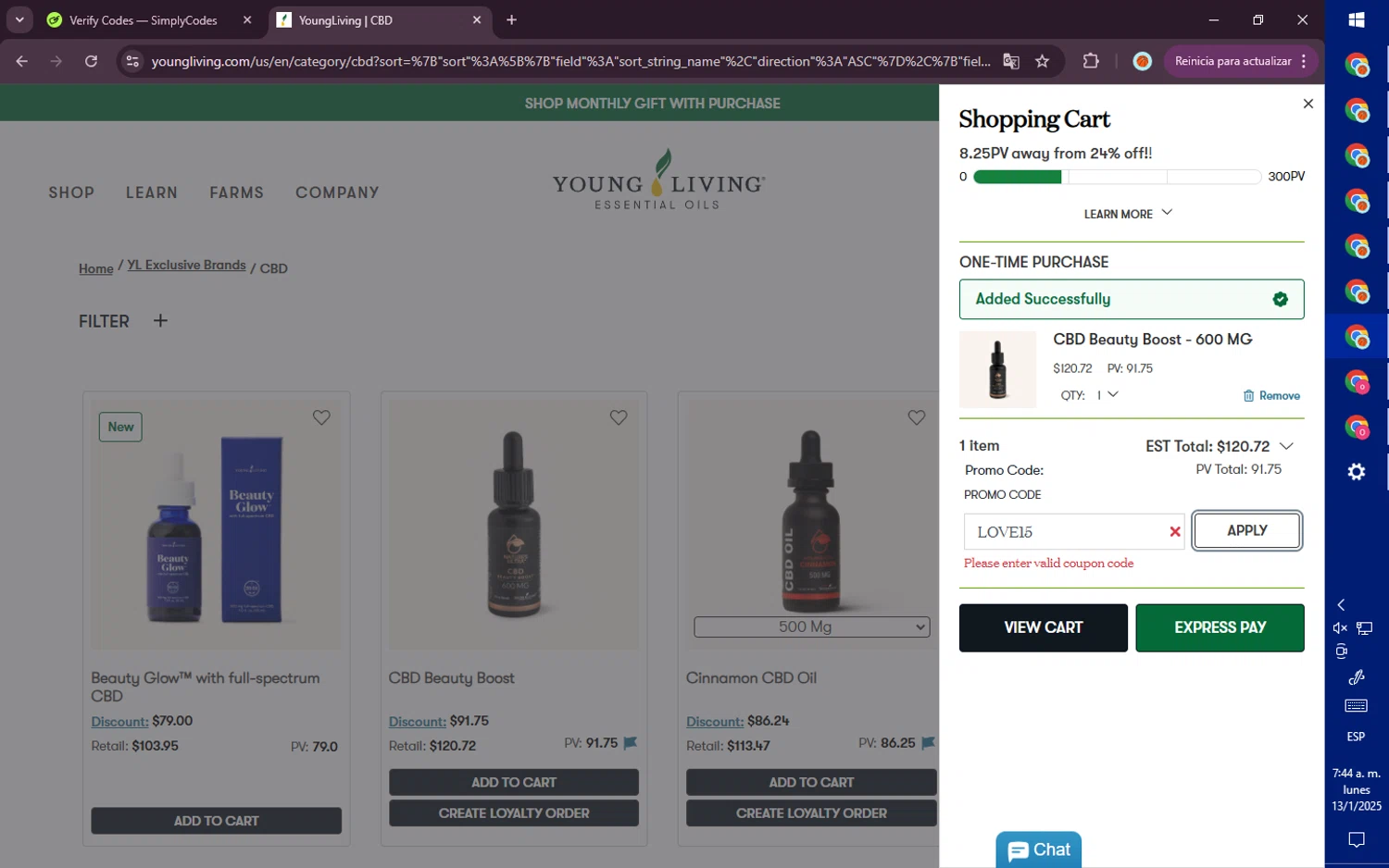 Young Living promo code screenshot showing code LOVE15 applied at Young Living checkout page. Uploaded by SimplyCodes community member PromoVoyager8446 on Jan 13, 2025
