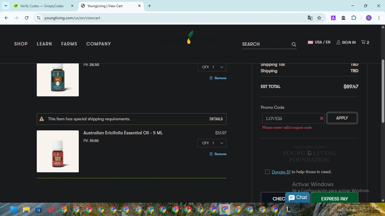 Young Living promo code screenshot showing code LOVE15 applied at Young Living checkout page. Uploaded by SimplyCodes community member EpicSpotter8045 on Mar 14, 2025