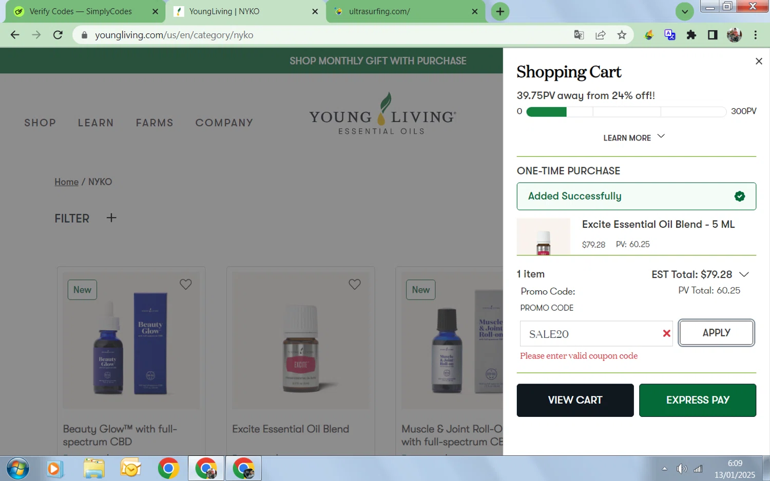 Young Living promo code screenshot showing code SALE20 applied at Young Living checkout page. Uploaded by SimplyCodes community member Collug on Jan 13, 2025