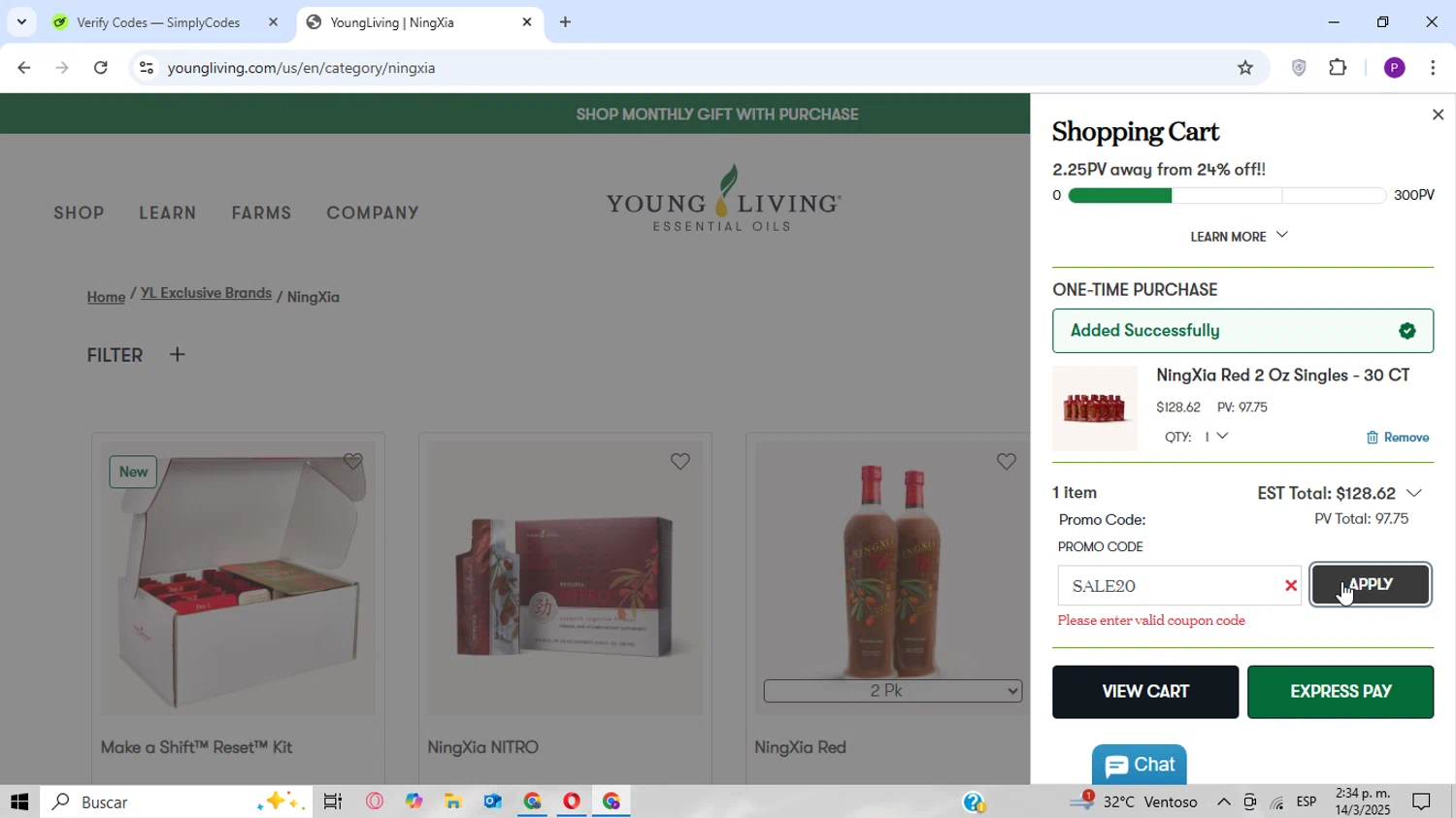Young Living promo code screenshot showing code SALE20 applied at Young Living checkout page. Uploaded by SimplyCodes community member CoinPhoenix3025 on Mar 14, 2025