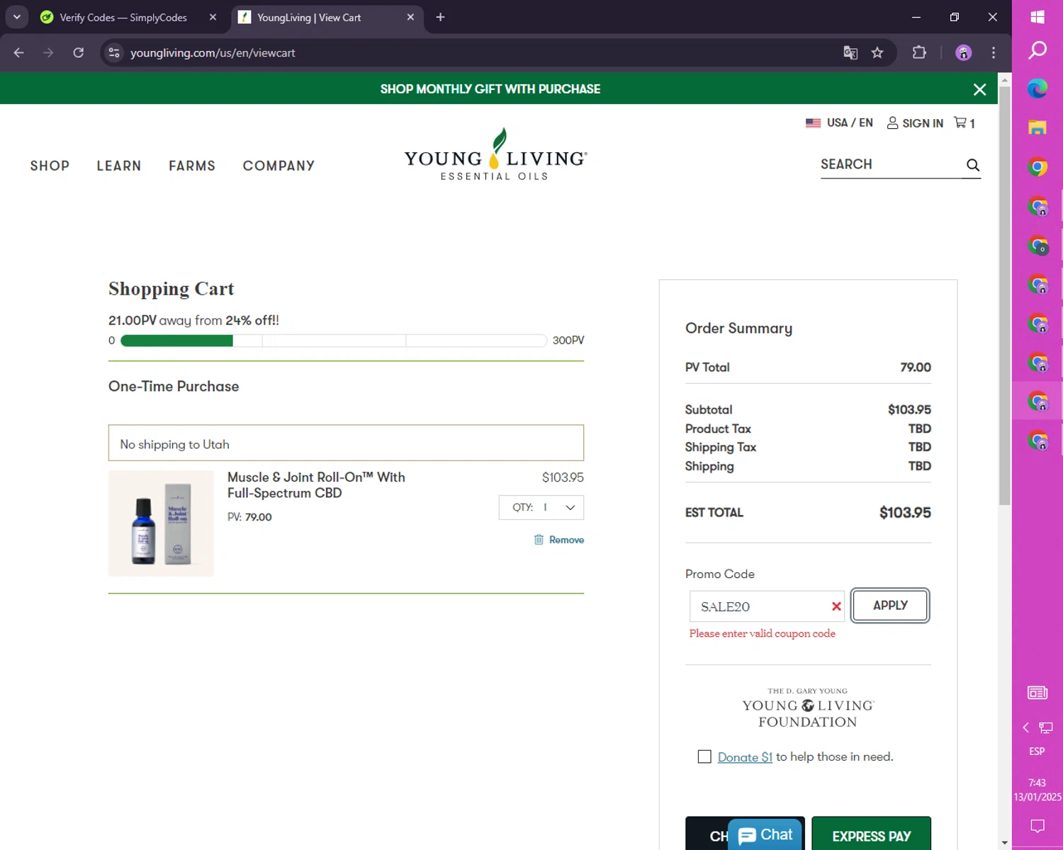 Young Living promo code screenshot showing code SALE20 applied at Young Living checkout page. Uploaded by SimplyCodes community member mileSalima on Jan 13, 2025