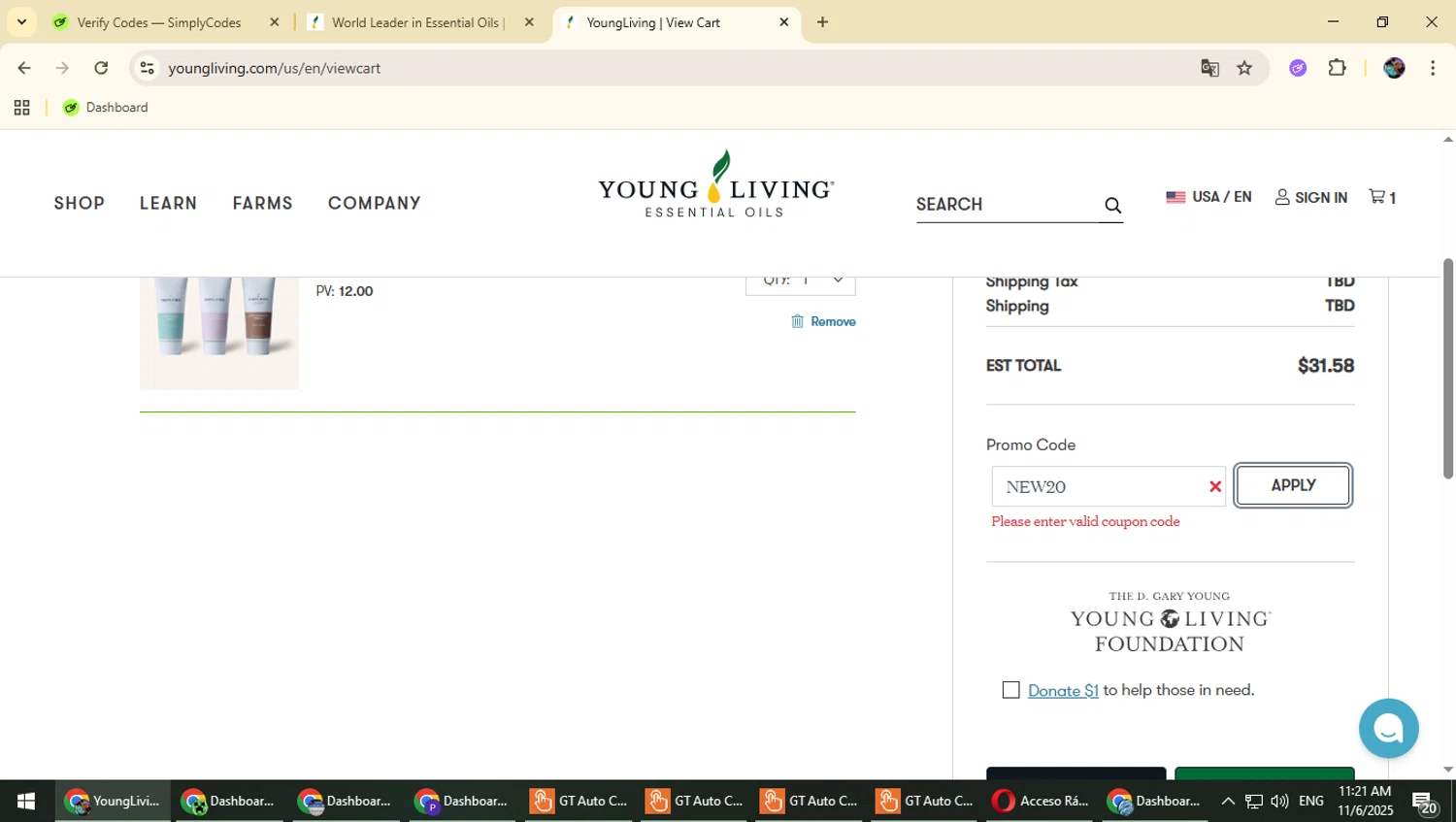 Young Living promo code screenshot showing code NEW20 applied at Young Living checkout page. Uploaded by SimplyCodes community member Typhlosion on Nov 6, 2025