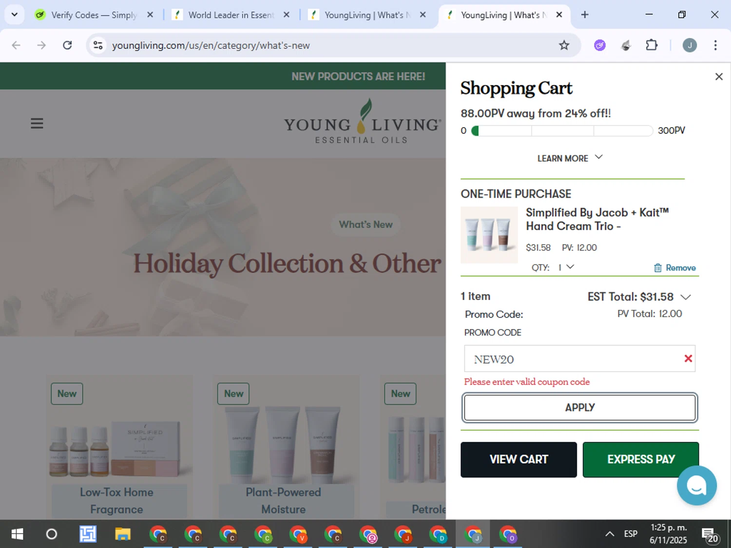Young Living promo code screenshot showing code NEW20 applied at Young Living checkout page. Uploaded by SimplyCodes community member ValueTracker8384 on Nov 6, 2025