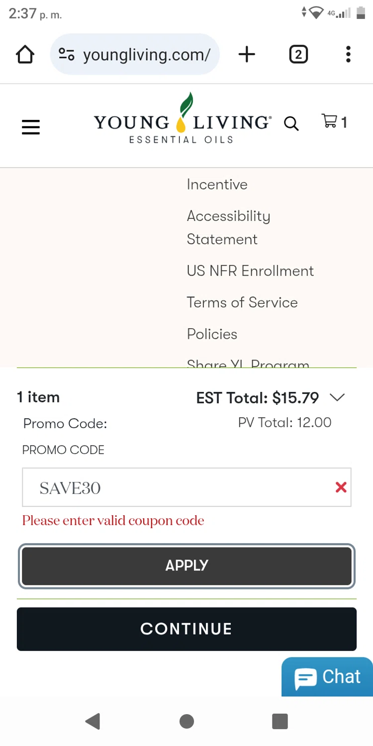 Young Living promo code screenshot showing code SAVE30 applied at Young Living checkout page. Uploaded by SimplyCodes community member franksanchez on Mar 14, 2025