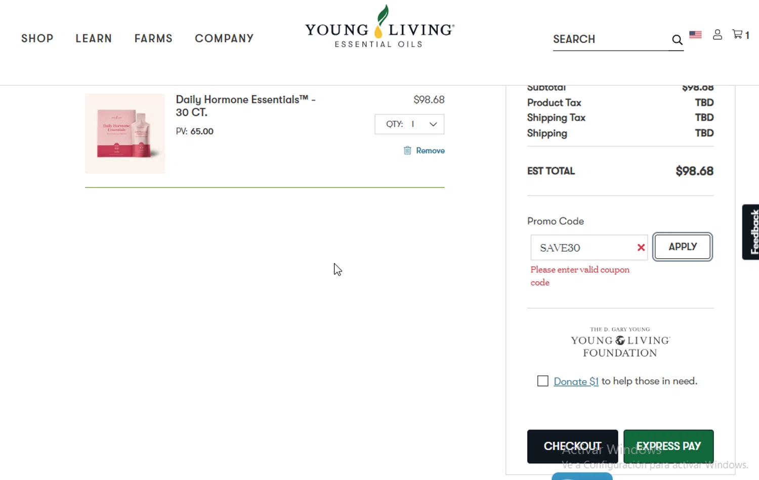 Young Living promo code screenshot showing code SAVE30 applied at Young Living checkout page. Uploaded by SimplyCodes community member ligthYA on Aug 12, 2025