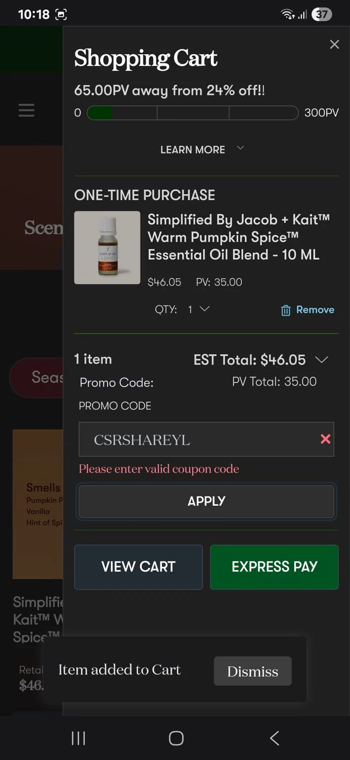 Young Living promo code screenshot showing code CSRSHAREYL applied at Young Living checkout page. Uploaded by SimplyCodes community member BudgetSpotter1238 on Sep 2, 2025
