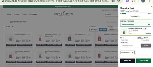 Young Living checkout page showing Young Living promo code box | Screenshot taken by SimplyCodes community member on Jul 30, 2025