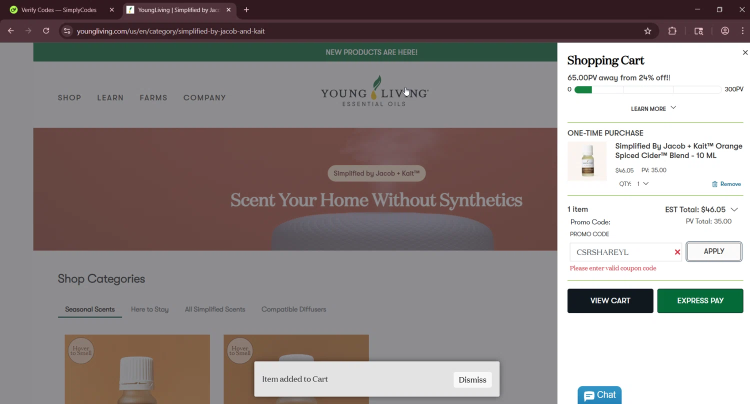 Young Living promo code screenshot showing code CSRSHAREYL applied at Young Living checkout page. Uploaded by SimplyCodes community member LuckyNavigator1490 on Sep 2, 2025
