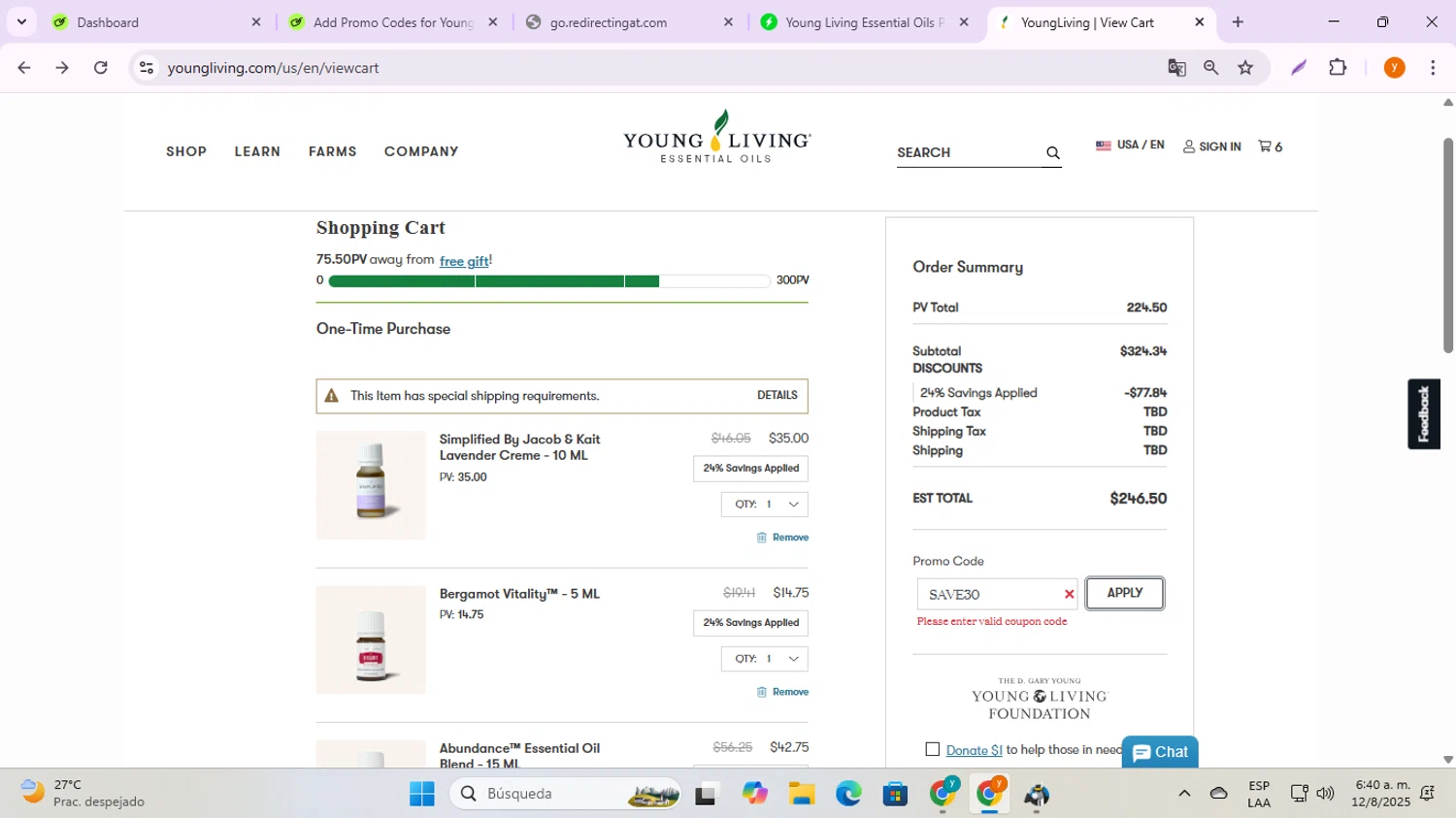 Young Living promo code screenshot showing code SAVE30 applied at Young Living checkout page. Uploaded by SimplyCodes community member ycg487 on Aug 12, 2025
