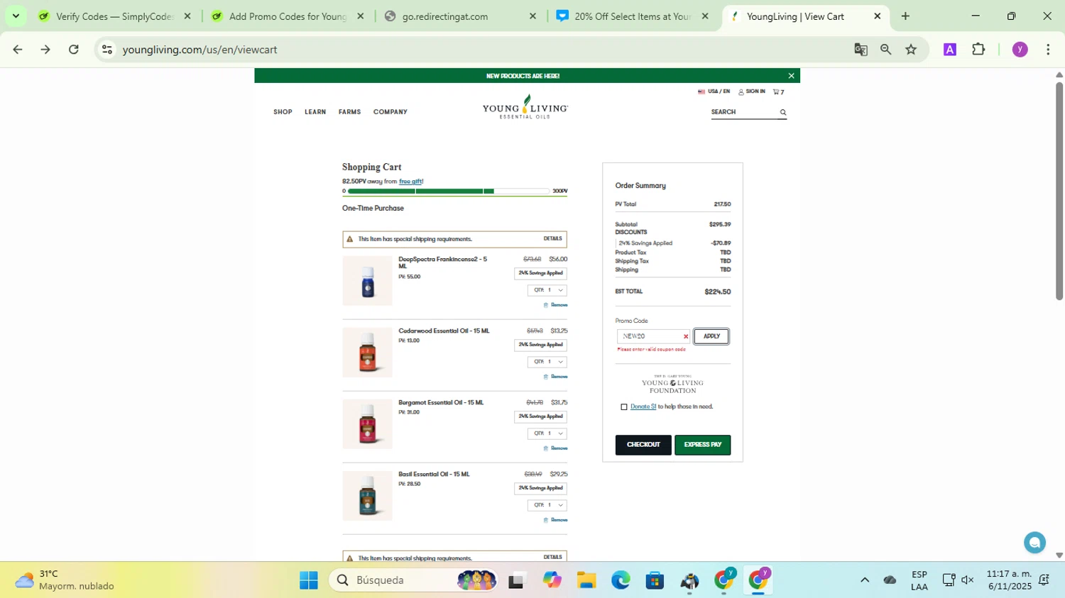 Young Living promo code screenshot showing code NEW20 applied at Young Living checkout page. Uploaded by SimplyCodes community member yadicg054 on Nov 6, 2025