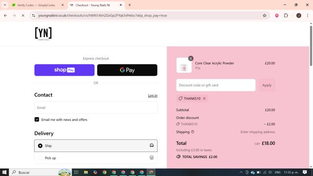 Young Nails checkout page showing Young Nails discount code box | Screenshot taken by SimplyCodes community member on Jul 29, 2025