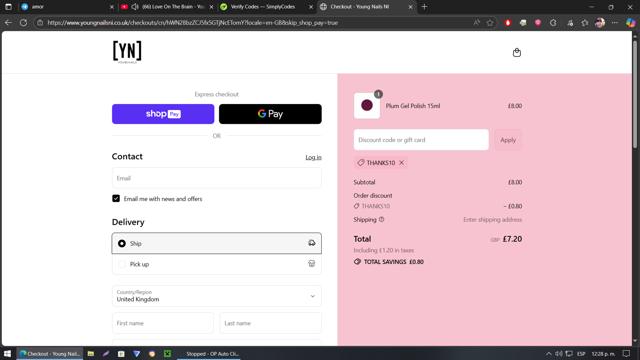 Young Nails checkout page showing Young Nails discount code box | Screenshot taken by SimplyCodes community member on Aug 23, 2025