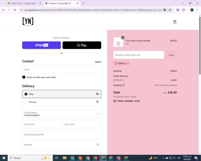 Young Nails checkout page showing Young Nails discount code box | Screenshot taken by SimplyCodes community member on Aug 4, 2025
