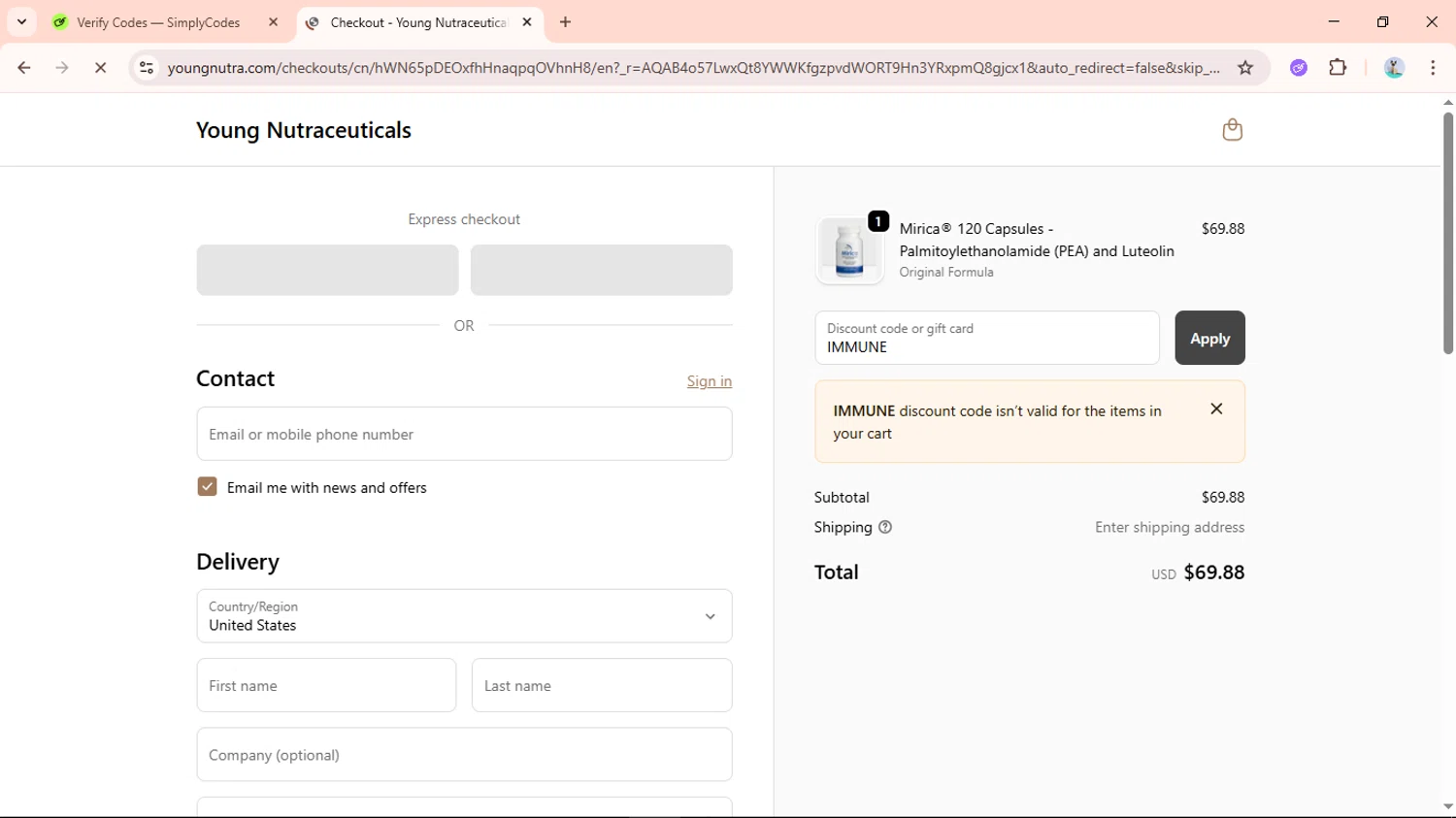 Young Nutraceuticals promo code screenshot showing code IMMUNE applied at Young Nutraceuticals checkout page. Uploaded by SimplyCodes community member Aguaita_coco on Dec 5, 2025